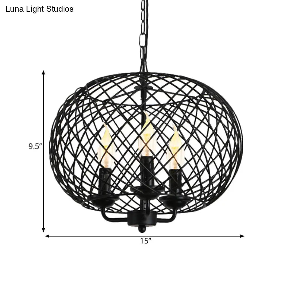 Industrial Black Mesh Drum Chandelier - 3-Bulb Hanging Lamp For Dining Room Ceiling Fixture