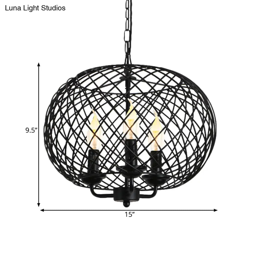 Industrial Metal Mesh Drum Shade Chandelier Lamp - Black 3-Bulb Hanging Ceiling Fixture For Dining