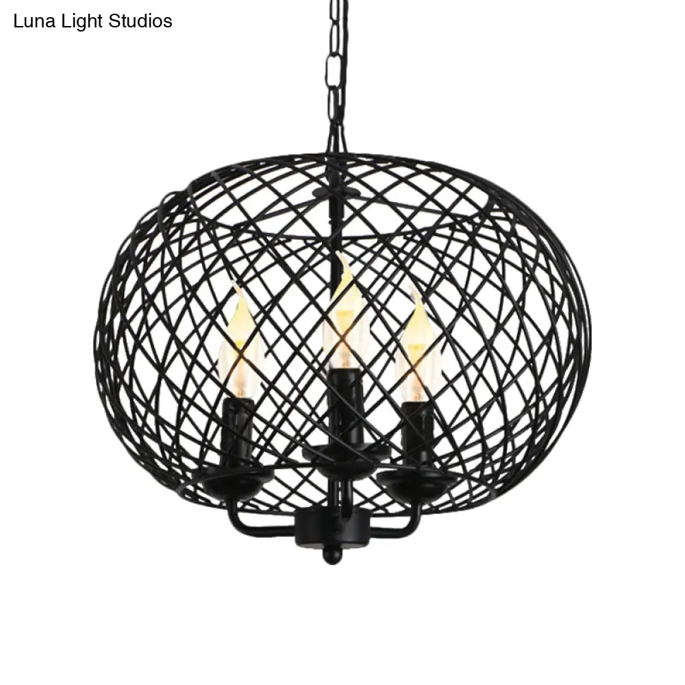 Industrial Metal Mesh Drum Shade Chandelier Lamp - Black 3-Bulb Hanging Ceiling Fixture For Dining