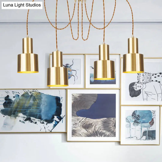 Industrial Metal Tubular Pendant Light With Gold Finish - 2/3/4-Light Swag Ceiling Lamp For Living