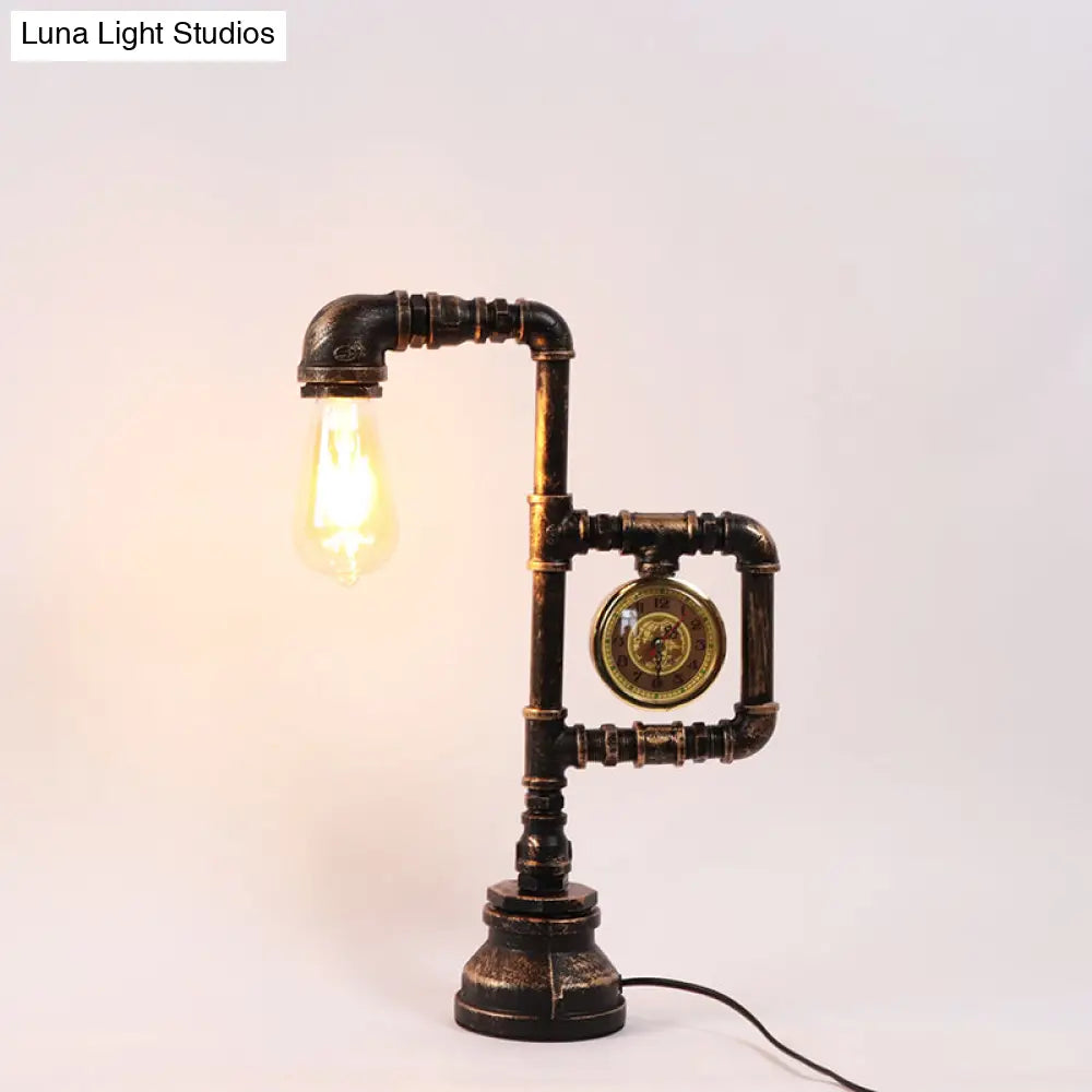 Industrial Metal Nightstand Lamp - Pipe And Clock Bedroom Table Light With 1 Bronze Head