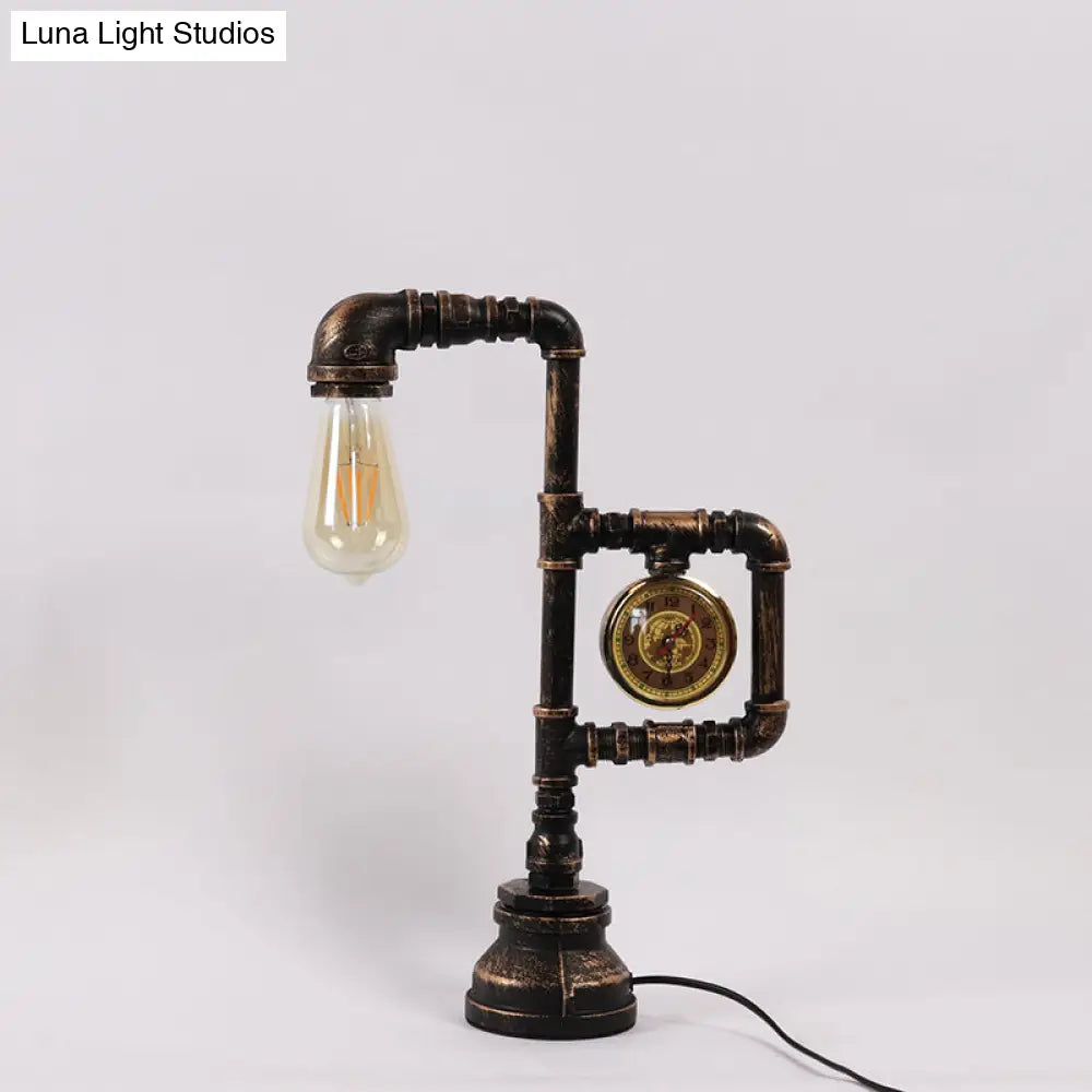 Industrial Metal Nightstand Lamp - Pipe And Clock Bedroom Table Light With 1 Bronze Head