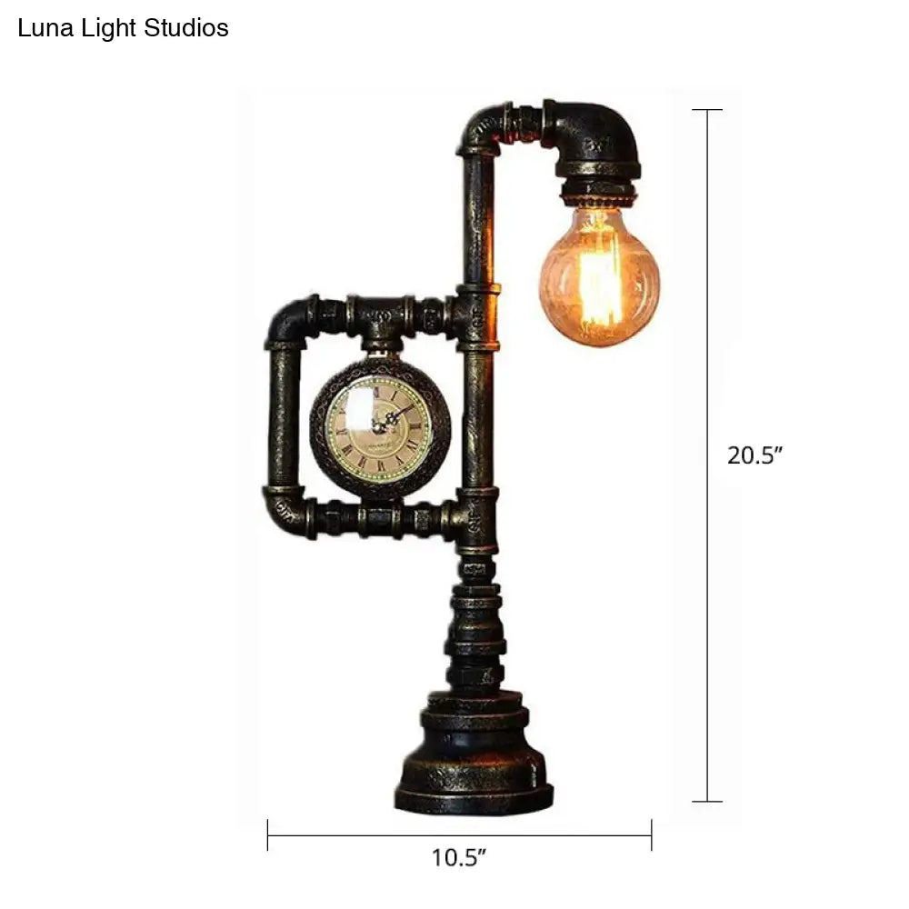 Industrial Metal Nightstand Lamp - Pipe And Clock Bedroom Table Light With 1 Bronze Head