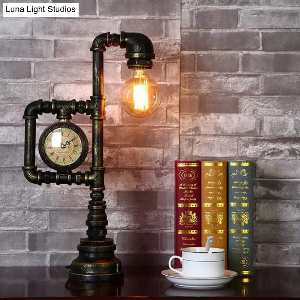 Industrial Metal Nightstand Lamp - Pipe And Clock Bedroom Table Light With 1 Bronze Head