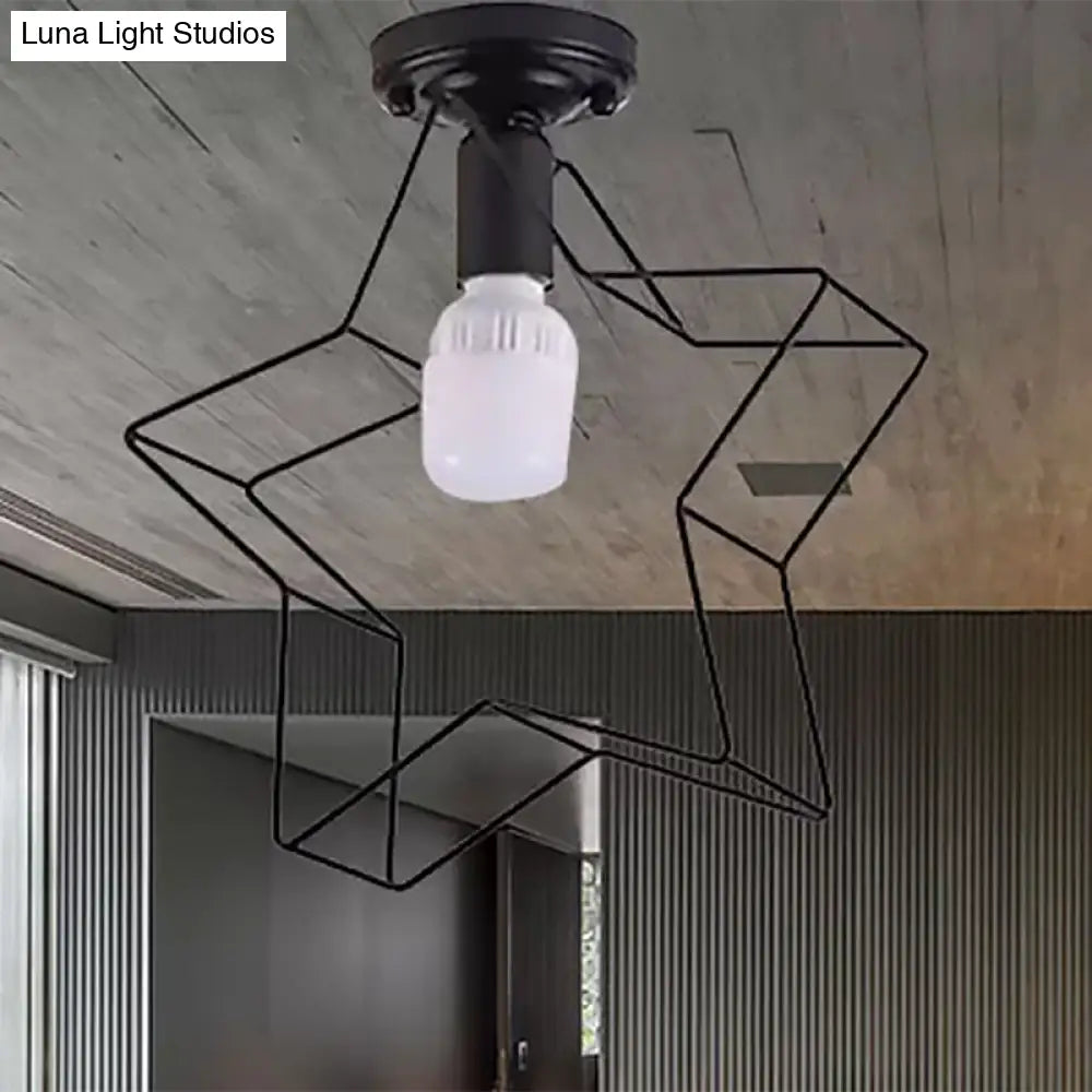 Industrial Metal Open Cage Ceiling Light With Star Shade - 1 Black Semi - Flush Fixture For Bedroom