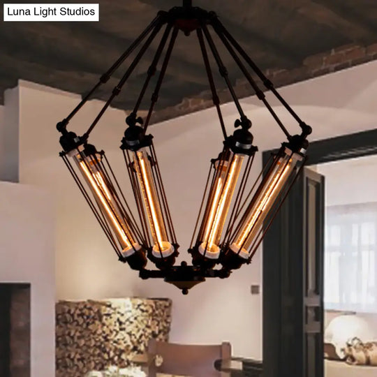 Industrial Metal Pendant Ceiling Lamp - 4-Light Indoor Chandelier Fixture With Tube Cage Design In