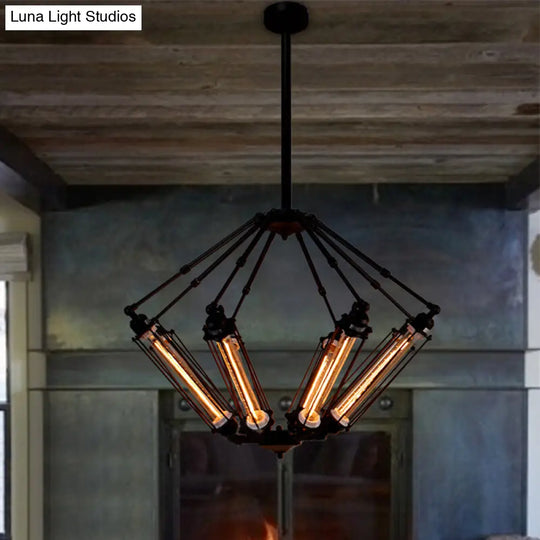 Industrial Metal Pendant Ceiling Lamp - 4-Light Indoor Chandelier Fixture With Tube Cage Design In