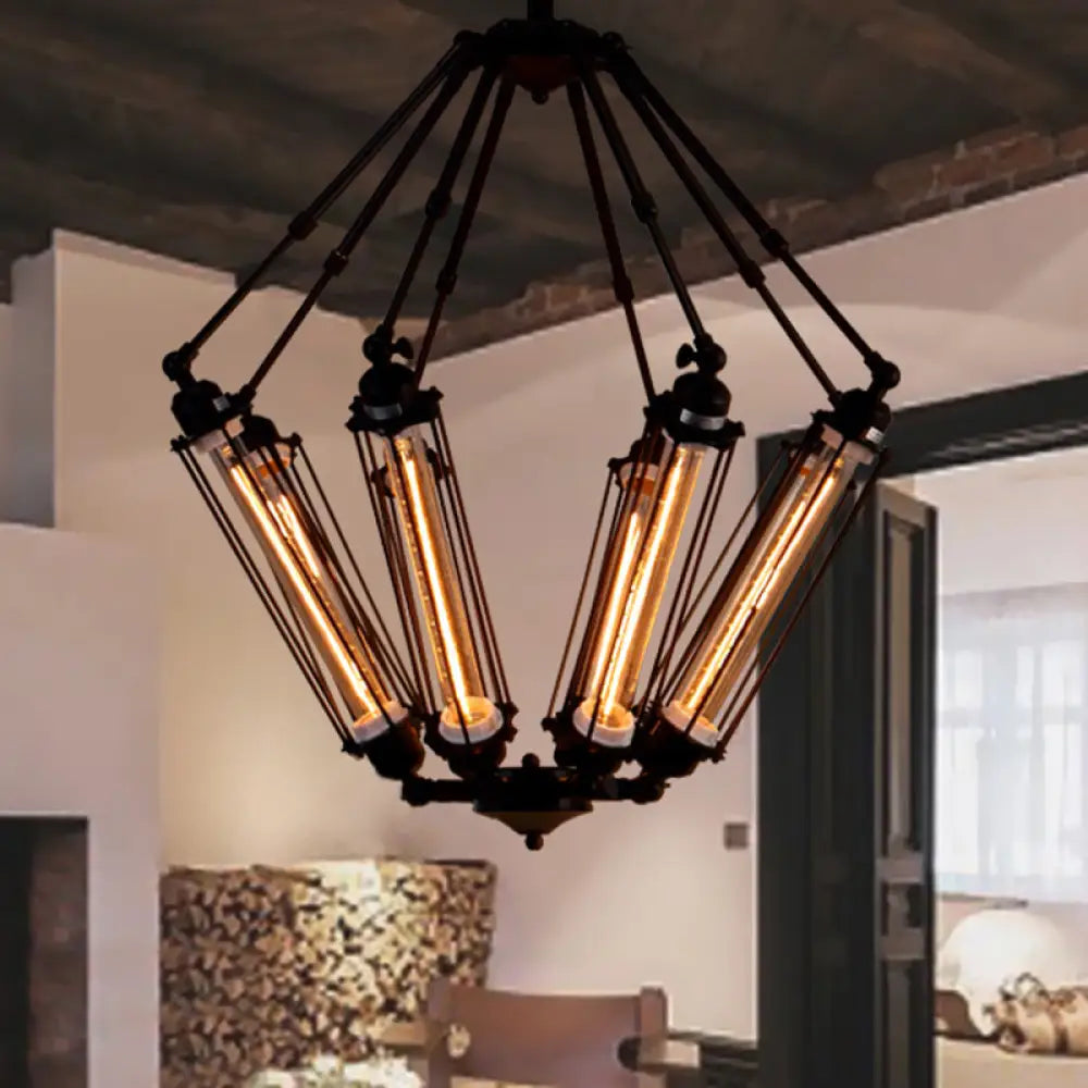 Industrial Metal Pendant Ceiling Lamp - 4-Light Tube Cage Chandelier Fixture In Black