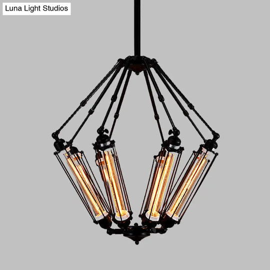 Industrial Metal Pendant Ceiling Lamp - 4-Light Tube Cage Chandelier Fixture In Black