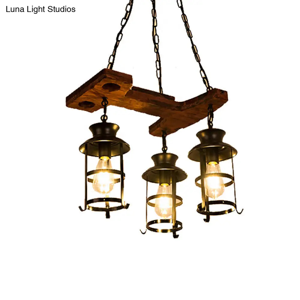 Industrial Metal Pendant Chandelier - Caged Dining Room Light Fixture With 3 Black Hanging Lights