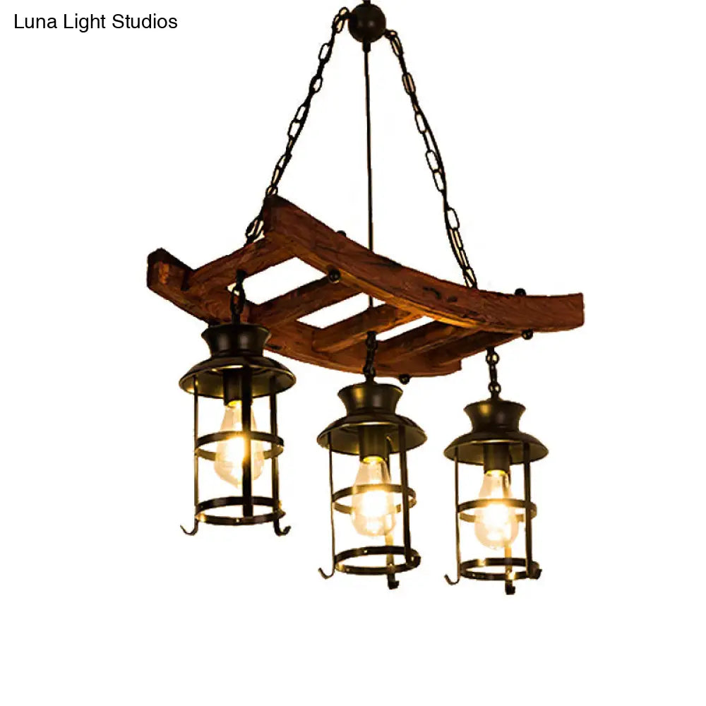 Industrial Metal Pendant Chandelier - Caged Dining Room Light Fixture With 3 Black Hanging Lights