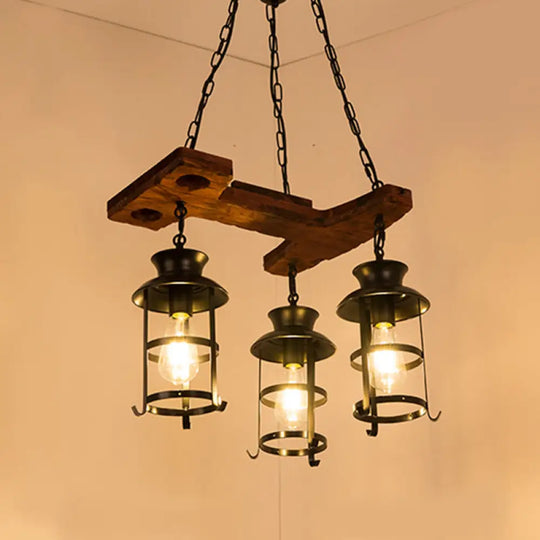 Industrial Metal Pendant Chandelier - Caged Dining Room Light Fixture With 3 Black Hanging Lights /