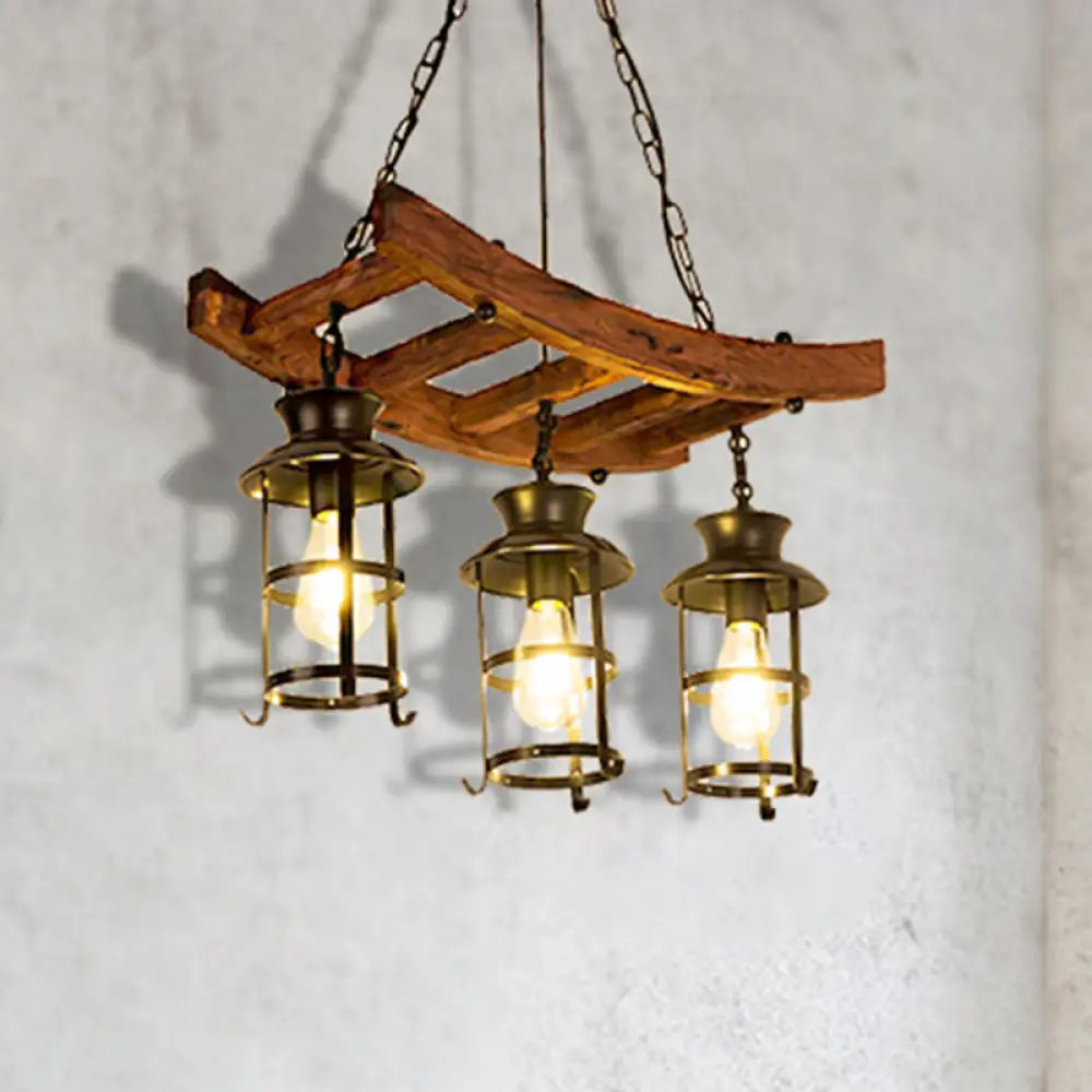 Industrial Metal Pendant Chandelier - Caged Dining Room Light Fixture With 3 Black Hanging Lights /