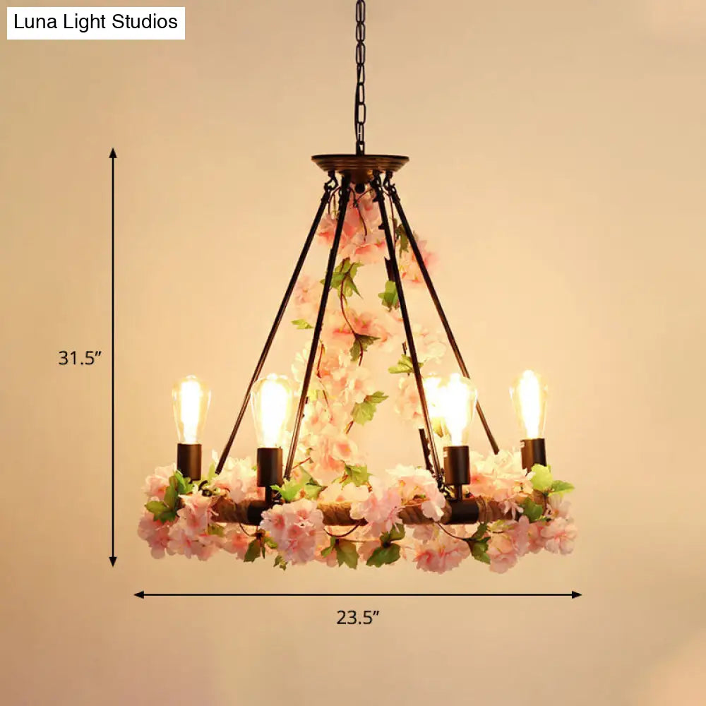 Industrial Metal Pendant Chandelier With Pink Flower Decoration - 6/8/14 Head Design For Restaurant