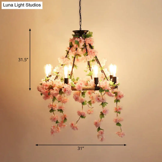 Industrial Metal Pendant Chandelier With Pink Flower Decoration - 6/8/14 Head Design For Restaurant