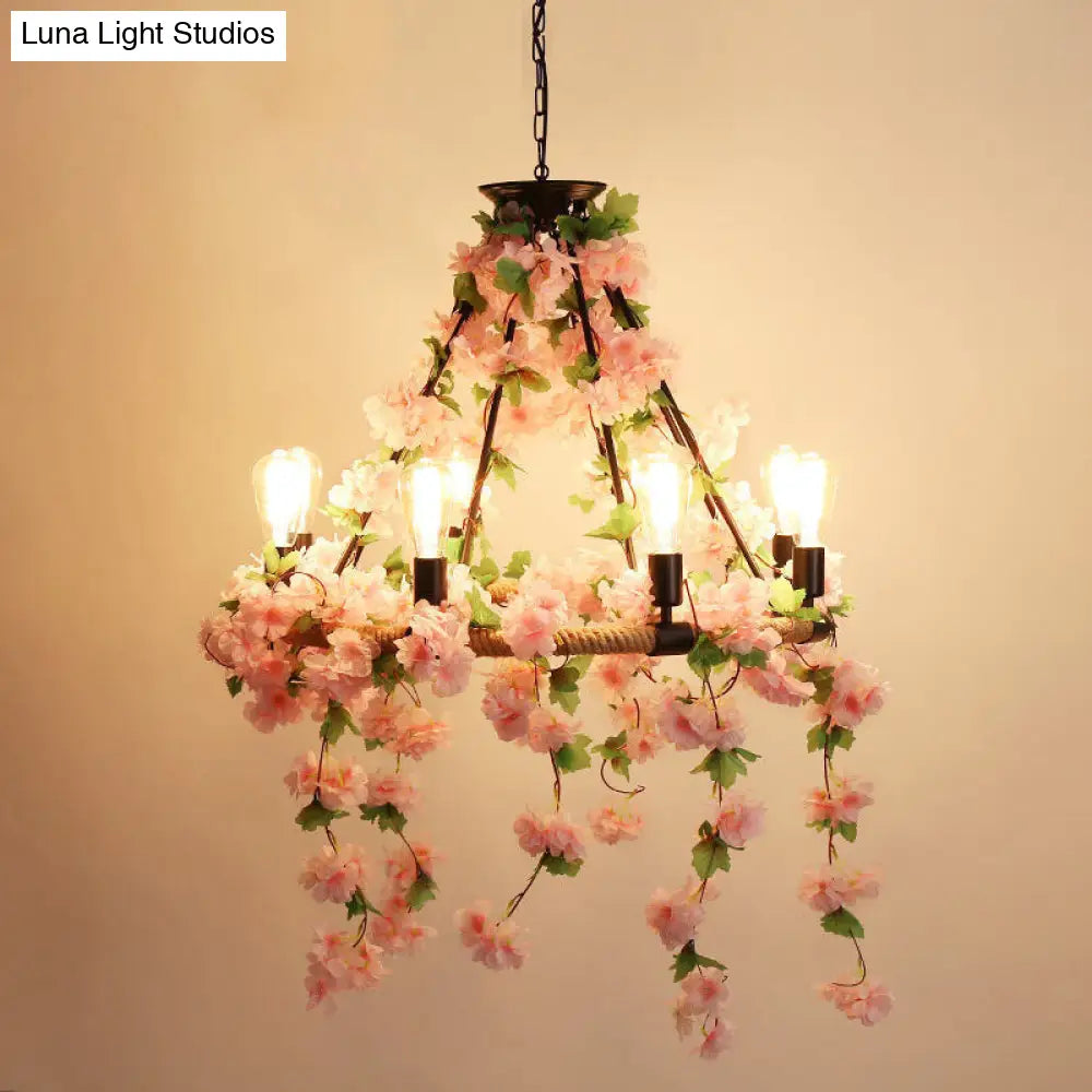 Industrial Metal Pendant Chandelier With Pink Flower Decoration - 6/8/14 Head Design For Restaurant