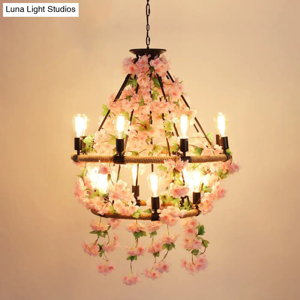 Industrial Metal Pendant Chandelier With Pink Flower Decoration - 6/8/14 Head Design For Restaurant