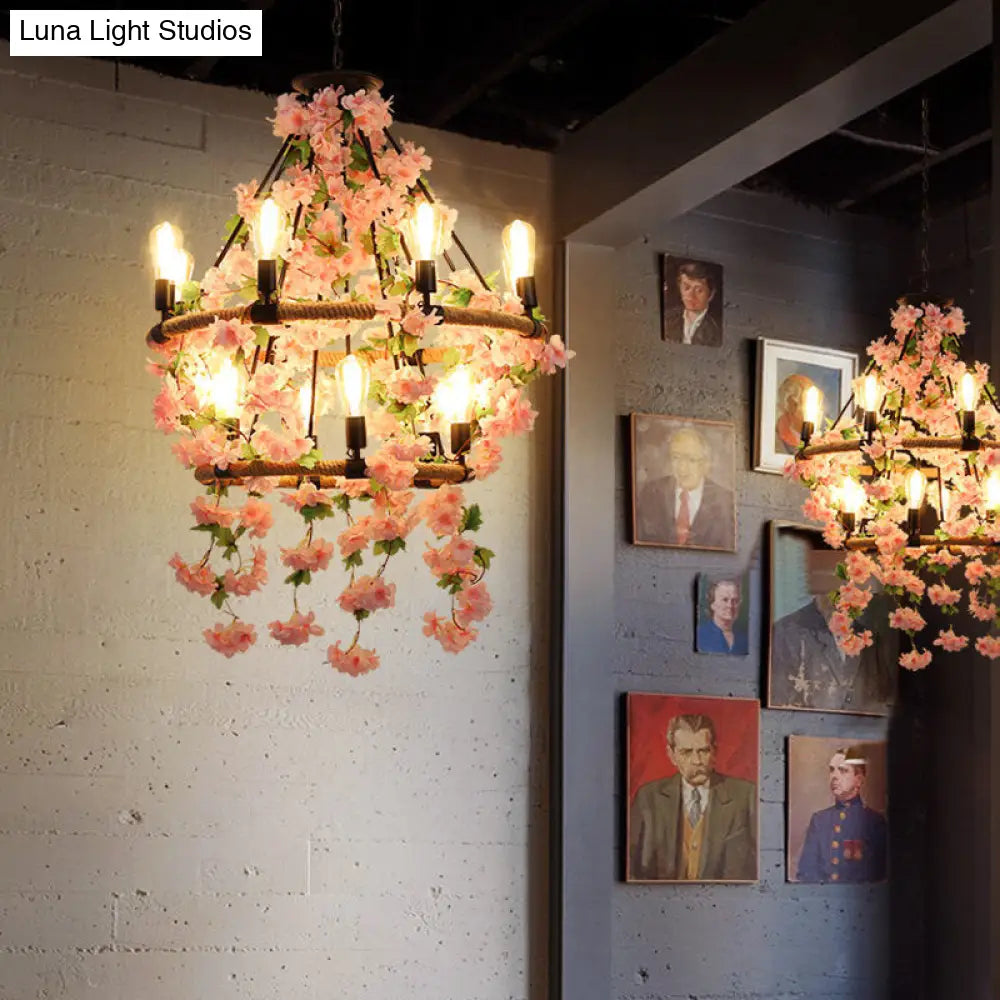 Industrial Metal Pendant Chandelier With Pink Flower Decoration - 6/8/14 Head Design For Restaurant