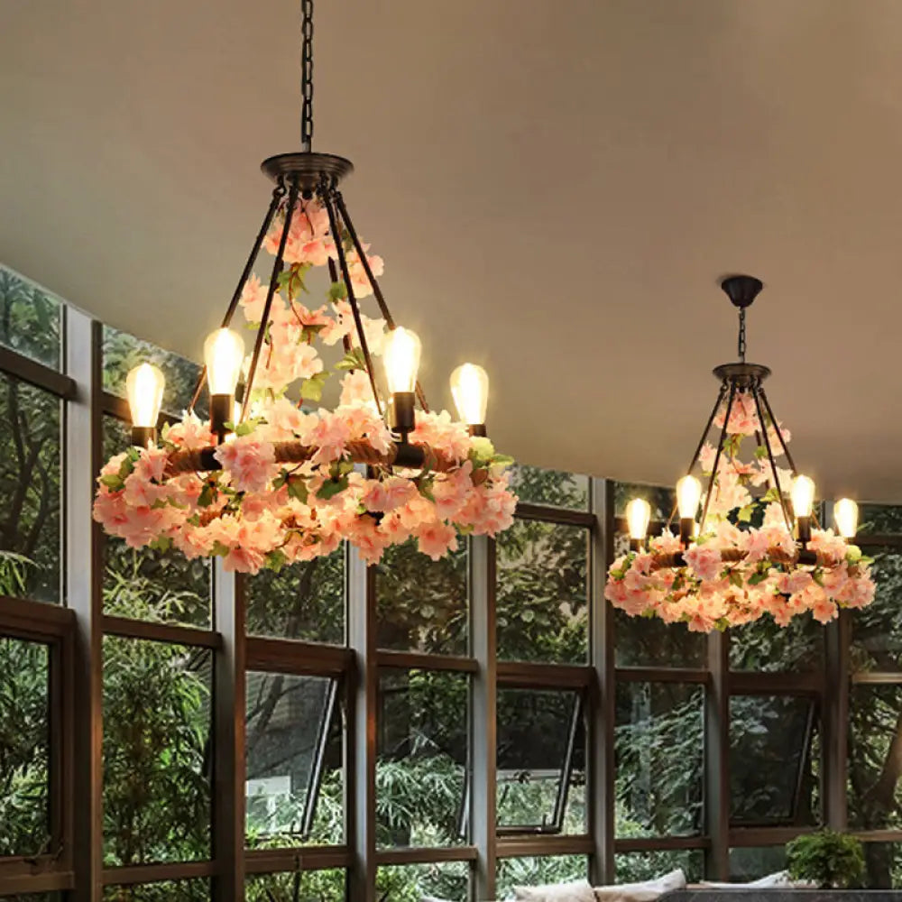 Industrial Metal Pendant Chandelier With Flower Decoration - 6/8/14-Head Pink Ceiling Light 6 /