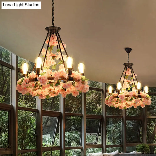 Industrial Metal Pendant Chandelier With Pink Flower Decoration - 6/8/14 Head Design For Restaurant