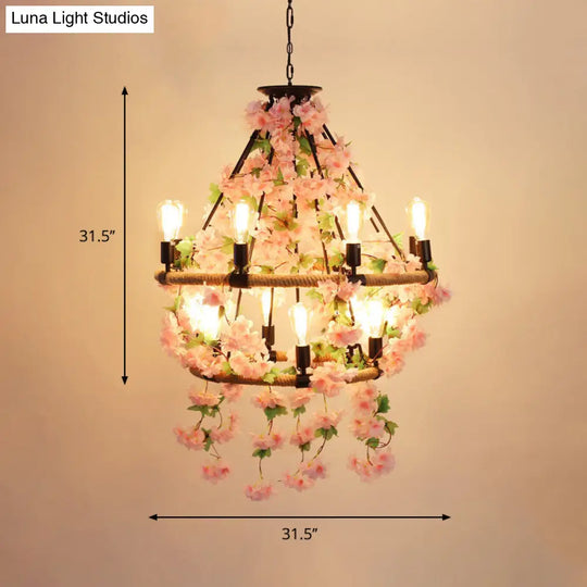 Industrial Metal Pendant Chandelier With Flower Decoration - 6/8/14-Head Pink Ceiling Light