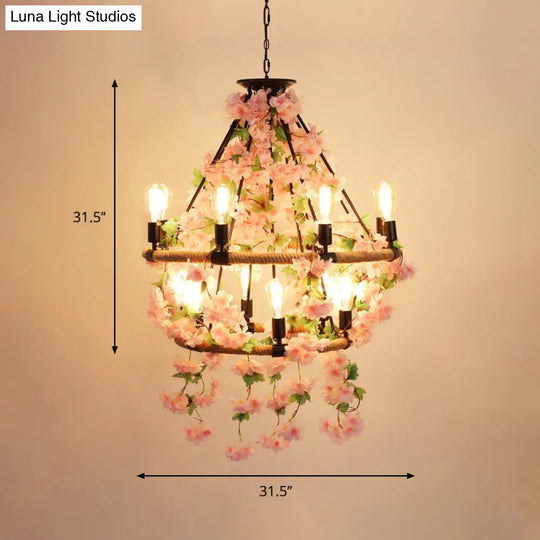 Industrial Metal Pendant Chandelier With Pink Flower Decoration - 6/8/14 Head Design For Restaurant