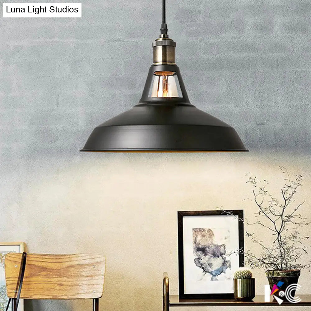 Industrial Metal Pendant Lamp - Barn Shade Living Room Ceiling Light With Hanging Rope 1 Black/White
