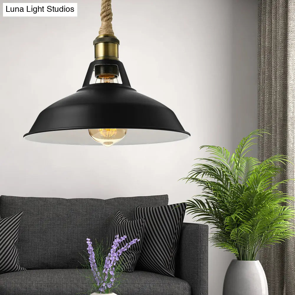 Industrial Metal Pendant Lamp - Barn Shade Living Room Ceiling Light With Hanging Rope 1 Black/White