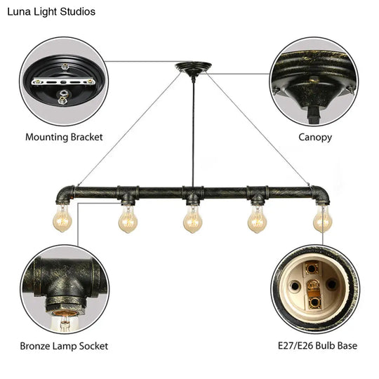 Industrial Metal Pendant Lamp With Bare Bulb - 5 Antique Brass Ceiling Light For Living Room Island