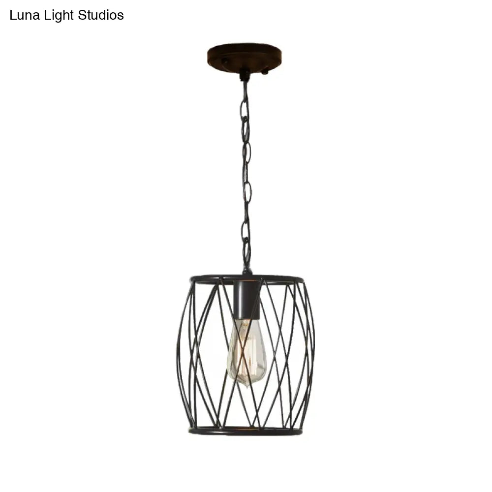 Industrial Metal Pendant Lamp With Black Wire Guard - 1 Bulb Cylinder Shade For Dining Room