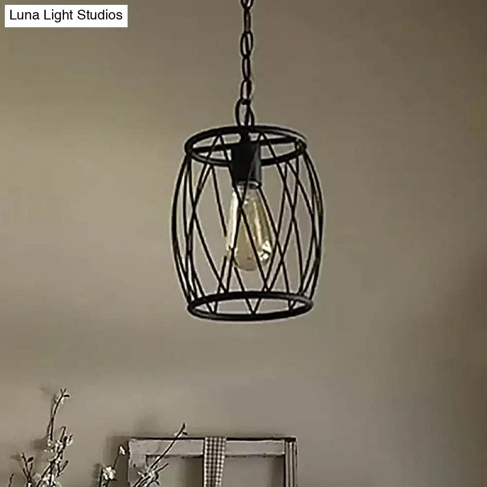 Industrial Black Wire Guard Pendant Lamp With Shade For Dining Room Lighting