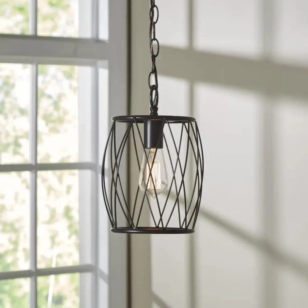 Industrial Metal Pendant Lamp With Black Wire Guard - 1 Bulb Cylinder Shade For Dining Room