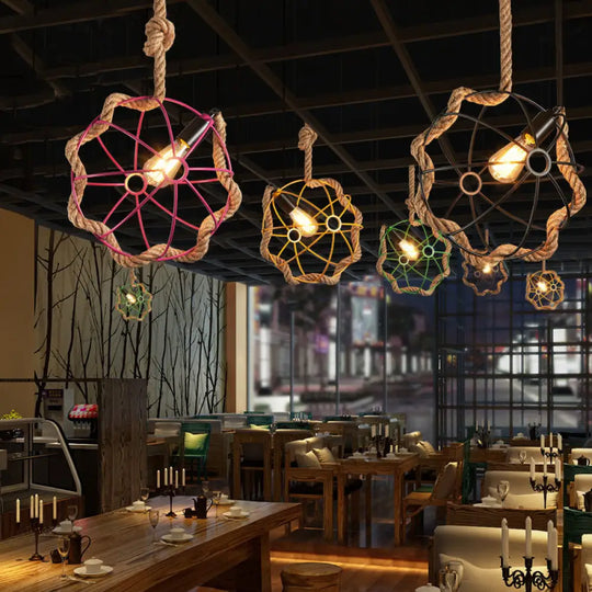 Industrial Metal Pendant Lamp With Globe Cage 1-Light Black/Pink/Green Restaurant Down Lighting