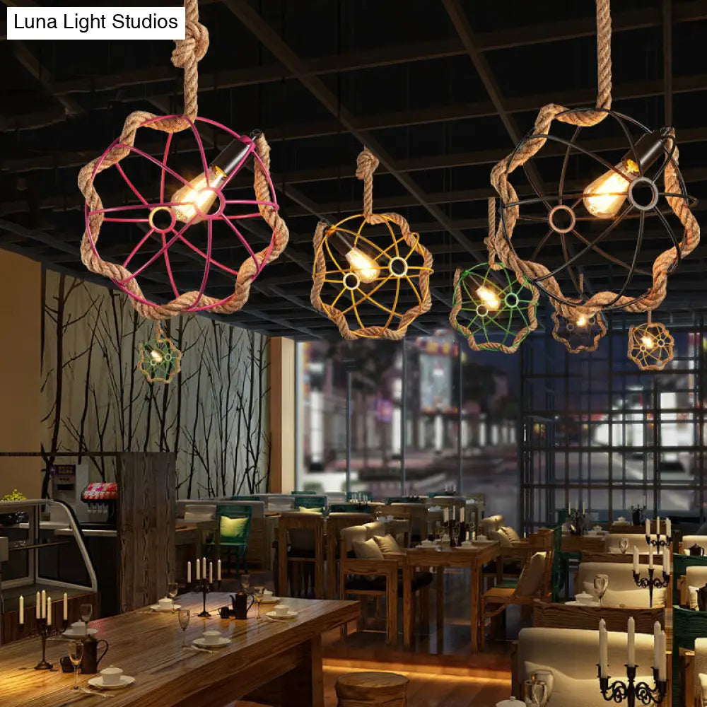 Industrial Black/Pink/Green Pendant Lamp - 1-Light Metal Globe Cage With Rope Cord For Restaurant