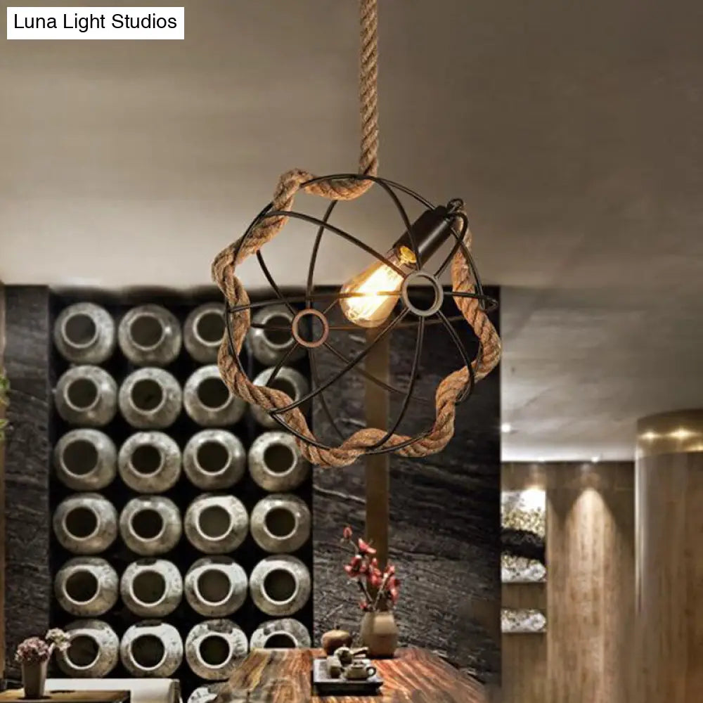 Industrial Black/Pink/Green Pendant Lamp - 1-Light Metal Globe Cage With Rope Cord For Restaurant