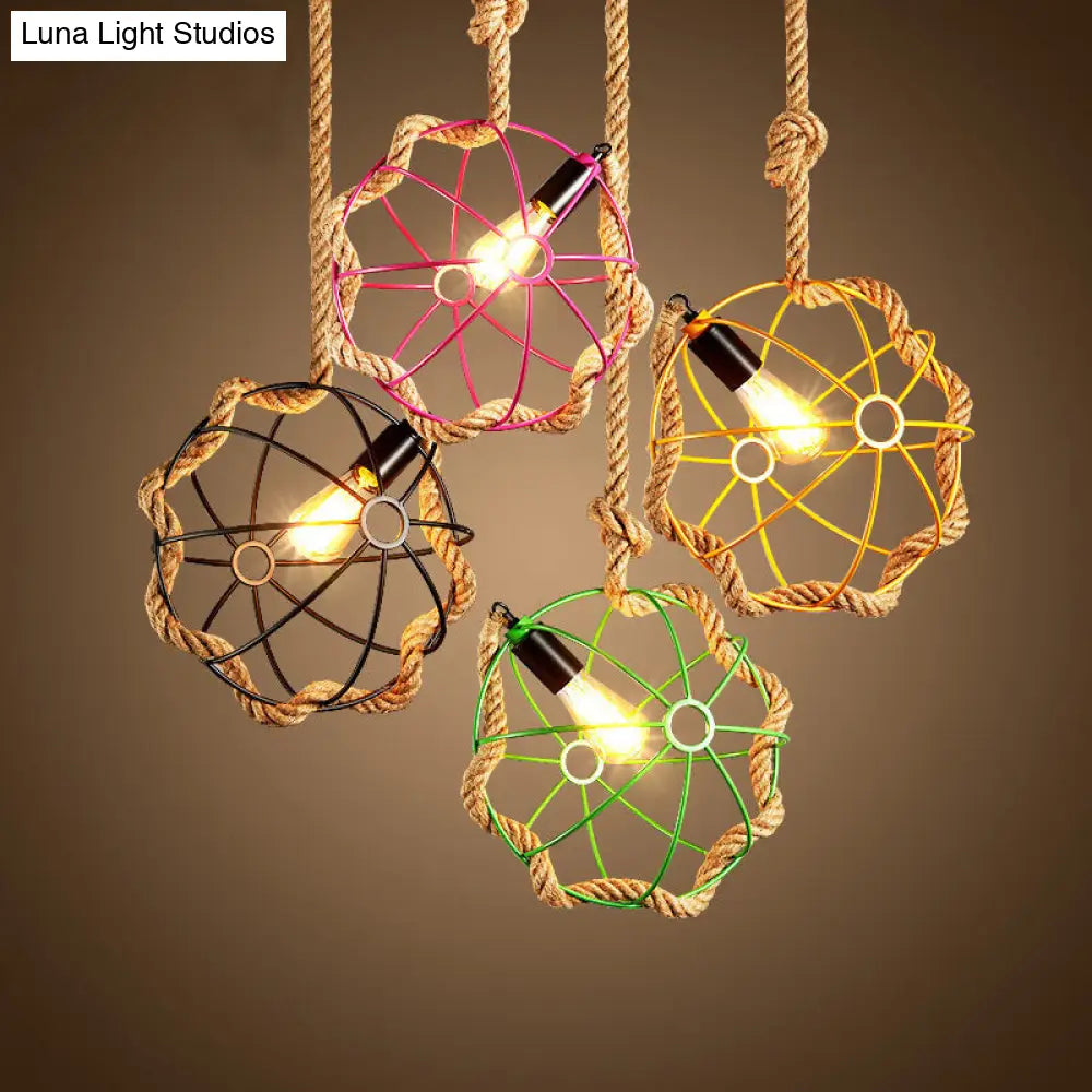 Industrial Black/Pink/Green Pendant Lamp - 1-Light Metal Globe Cage With Rope Cord For Restaurant