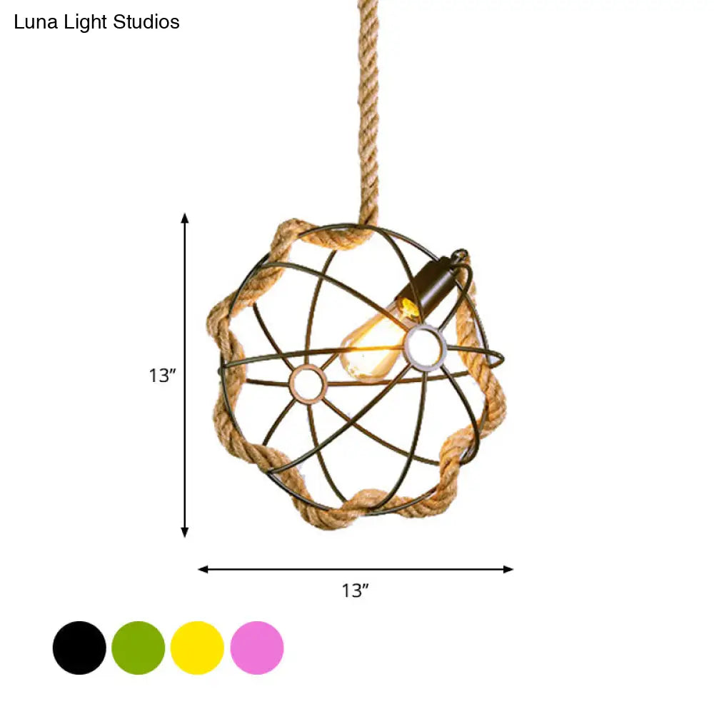 Industrial Black/Pink/Green Pendant Lamp - 1-Light Metal Globe Cage With Rope Cord For Restaurant