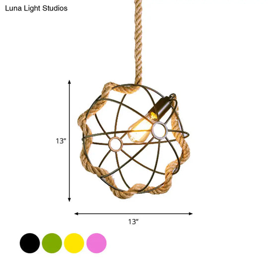 Industrial Black/Pink/Green Pendant Lamp - 1-Light Metal Globe Cage With Rope Cord For Restaurant