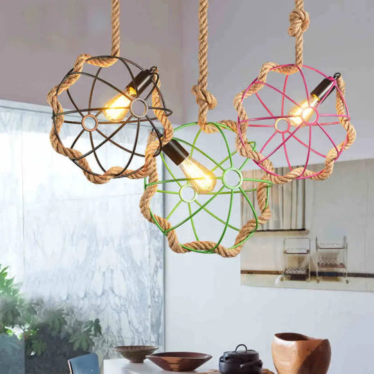 Industrial Metal Pendant Lamp With Globe Cage 1-Light Black/Pink/Green Restaurant Down Lighting