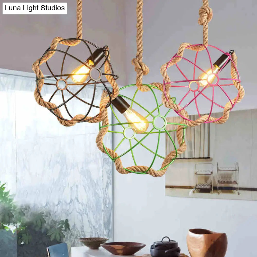 Industrial Black/Pink/Green Pendant Lamp - 1-Light Metal Globe Cage With Rope Cord For Restaurant