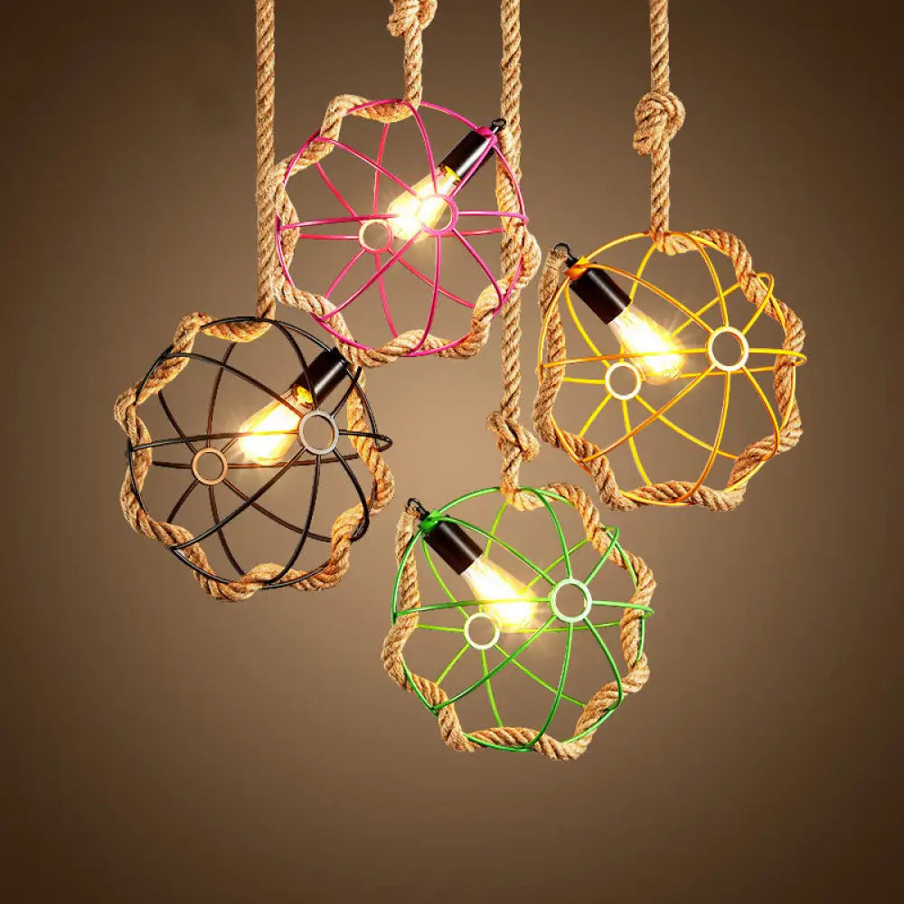 Industrial Metal Pendant Lamp With Globe Cage 1-Light Black/Pink/Green Restaurant Down Lighting