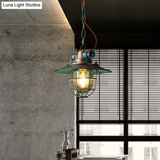 Industrial Metal Pendant Lamp - White/Blue With Wide Flare Cage Design Blue