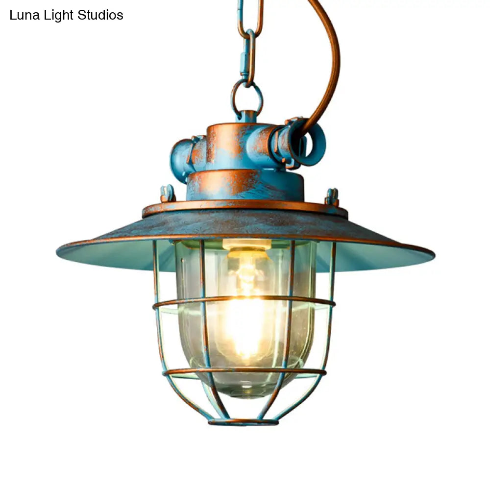 Industrial Metal Pendant Lamp With Wide Flare And Cage In White/Blue
