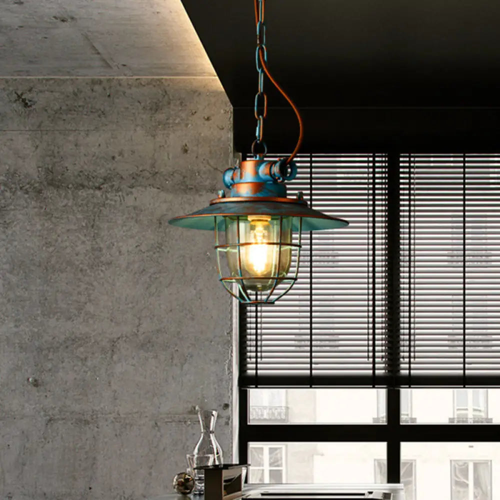 Industrial Metal Pendant Lamp With Wide Flare And Cage In White/Blue Blue
