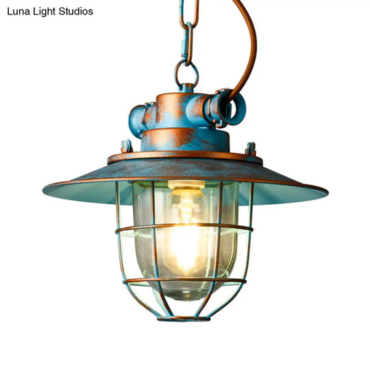 Industrial Metal Pendant Lamp - White/Blue With Wide Flare Cage Design