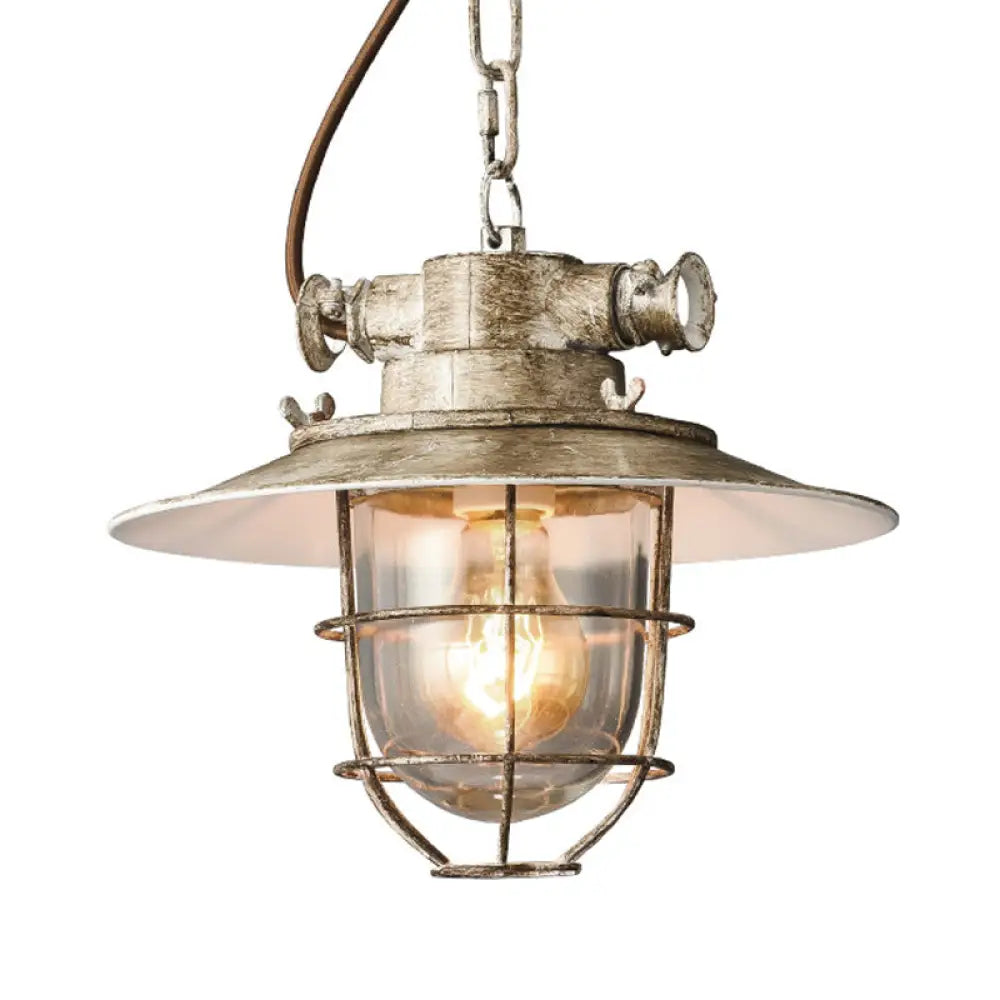 Industrial Metal Pendant Lamp With Wide Flare And Cage In White/Blue White
