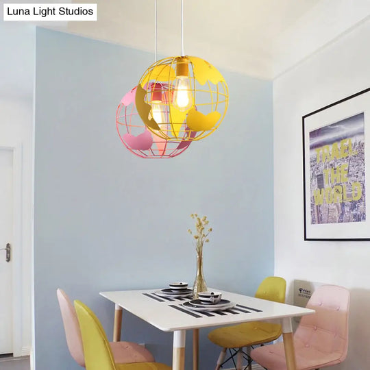 Industrial Metal Pendant Light - 1 8/12 Wide Globe Cage Design Living Room Hanging Lamp In