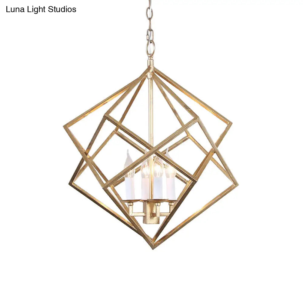 Industrial Metal Pendant Light Fixture - Prismatic/Rhombus Cage Shade 4-Light Suspension In Gold