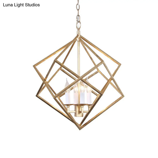 Industrial Metal Pendant Light Fixture - Prismatic/Rhombus Cage Shade 4-Light Suspension In Gold