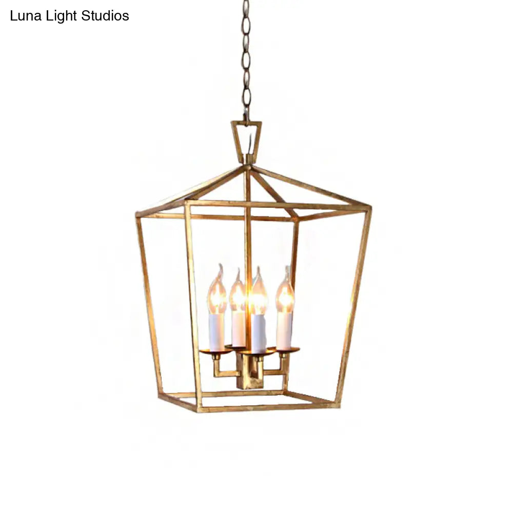 Gold Industrial Metal Pendant Light Fixture: Prismatic/Rhombus Cage Shade 4-Light Suspension